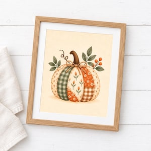 Lapptäcke med pumpa, utskrivbart quiltmönster, estetisk höstdekoration, Cottagecore-väggkonst, öppen hylldekoration, Thanksgiving-dekoration, digital nedladdning