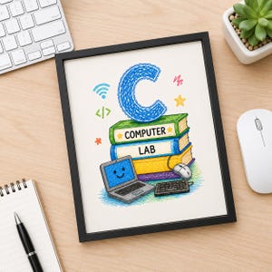 以下が含まれることがあります： COMPUTER LABと書かれた3冊の本の積み重ねの上に、大きな青い文字Cが描かれた額入りプリント。本の下には、画面に笑顔が描かれた小さなノートパソコン、マウス、キーボードがあり、その周りにはカラフルなアイコンが配置されています。