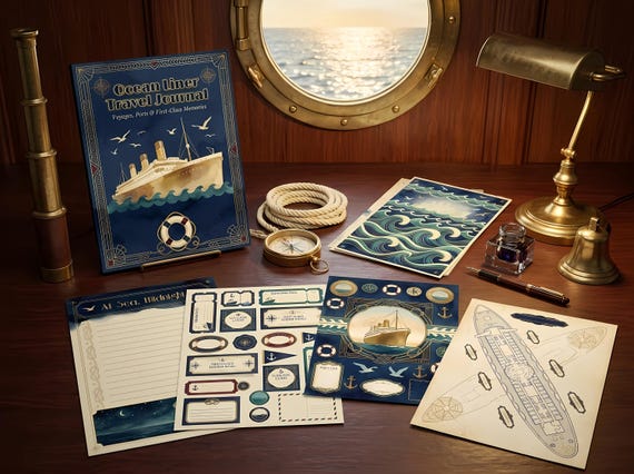 Ocean Liner Junk Journal Kit, Printable Vintage Cruise Ship Journal Pages, Art Deco Travel Ephemera, Nautical Tags, Digital Downloa · JK-077