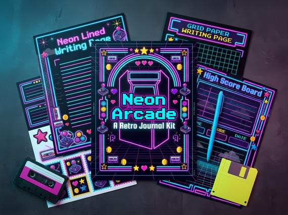 Neon Arcade Junk Journal Kit, Printable 80s Arcade Journal Pages, Pixel Art Ephemera, Cassette Tape Fussy Cuts, Digital Download · JK-046