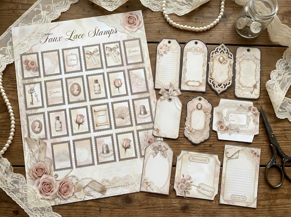 Vintage Lace And Pearls Junk Journal Kit, Printable Shabby Chic Journal Pages, Pearl Ephemera, Lace Tags, Fussy Cuts · JK-021