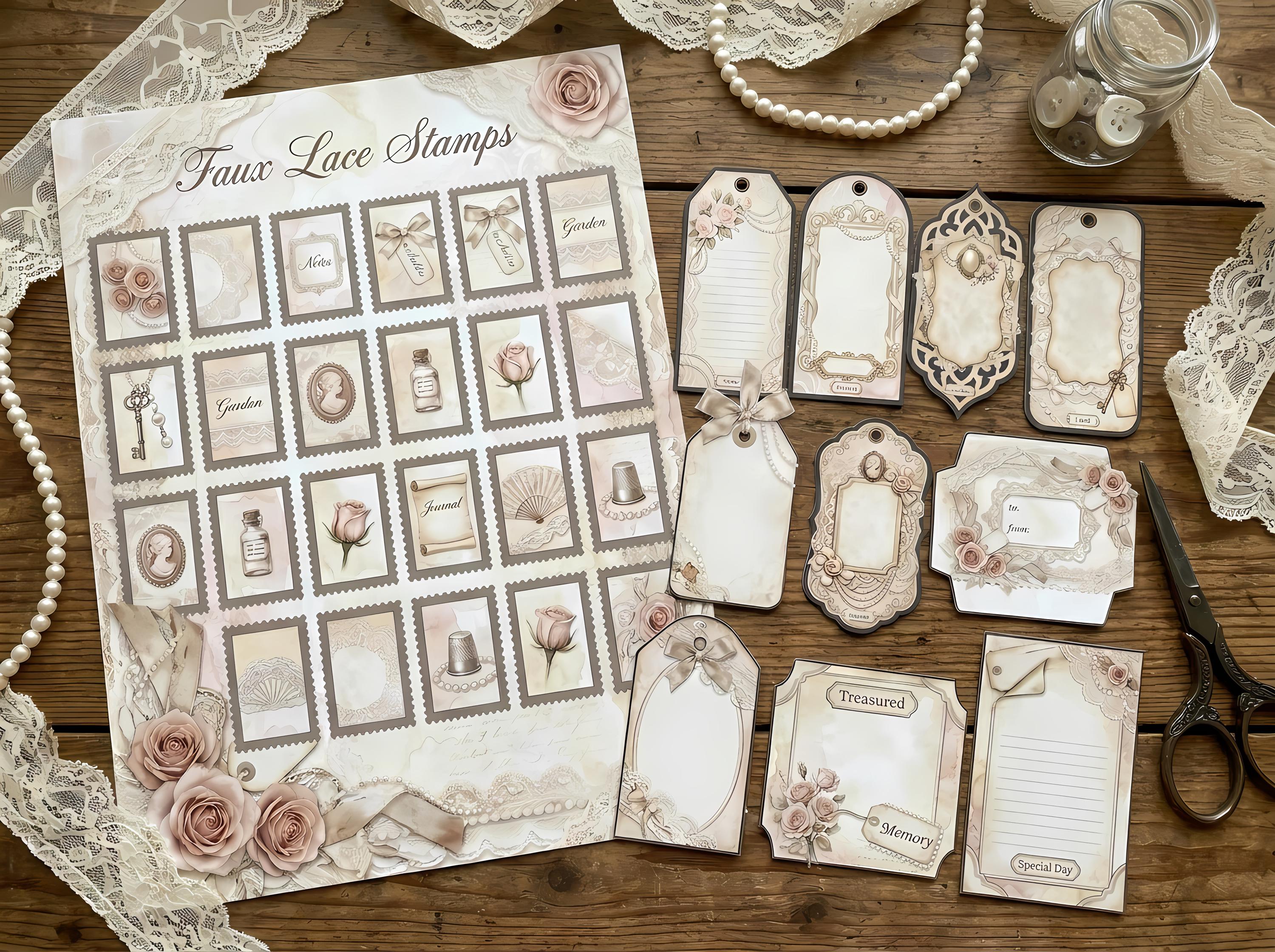 Vintage Lace And Pearls Junk Journal Kit, Printable Shabby Chic Journal Pages, Pearl Ephemera, Lace Tags, Fussy Cuts · JK-021