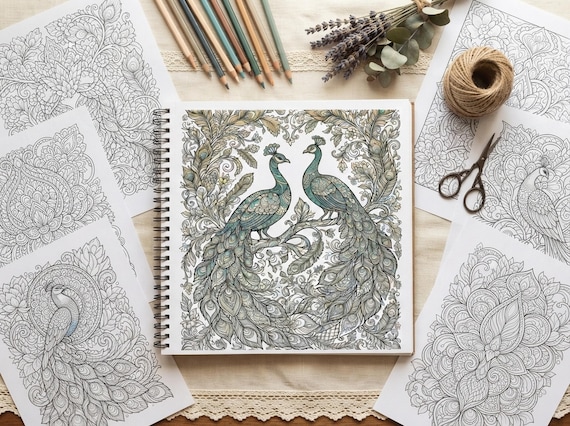 Ornate Peacocks Coloring Book, Printable Adult Coloring Pages, Ornate Peacock Stress Relief PDF, Digital Download · CB-29 view 5