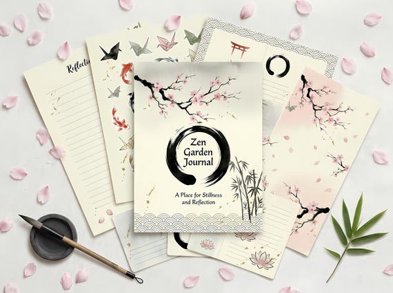 Japanese Zen Garden Junk Journal Kit, Printable Cherry Blossom Journal Pages, Zen Ephemera, Washi Tags, Digital Download · JK-062