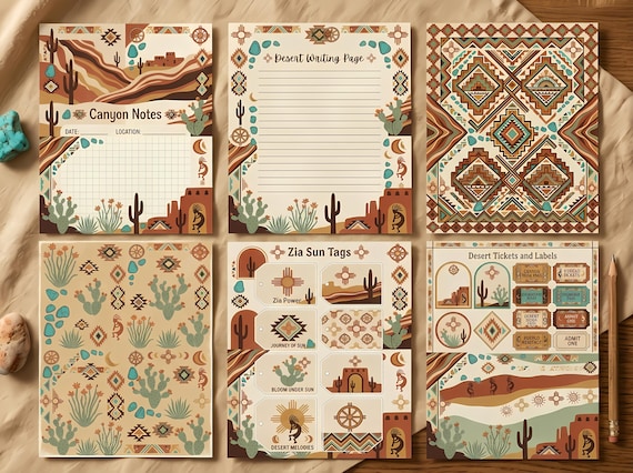 Desert Southwest Junk Journal Kit, Printable Boho Journal Pages, Cactus Ephemera, Turquoise Tags, Fussy Cuts, Digital Download · JK-053 view 3
