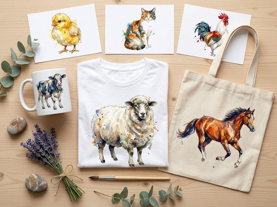 Watercolor Farm Animal Clipart, 30 Transparent PNG, Commercial Use, Sublimation POD, Digital Download view 2