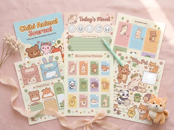Manga Chibi Animals Junk Journal Kit, Printable Kawaii Journal Pages, Cute Animal Ephemera, Chibi Tags, Digital Download · JK-124 view 2