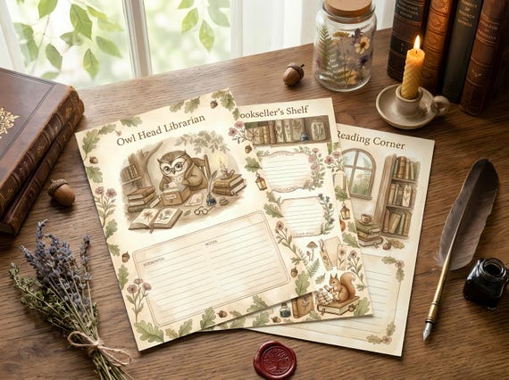 Forest Library Junk Journal Kit, Printable Woodland Book Lover Journal Pages, Cottagecore Ephemera, Tags, Bookplates, Fussy Cuts · JK-002