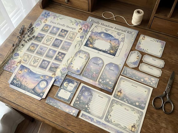 Firefly Meadow Junk Journal Kit, Printable Twilight Nature Journal Pages, Moonlit Ephemera, Lantern Tags, Fussy Cuts · JK-026 view 2