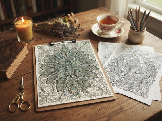 Ornate Peacocks Coloring Book, Printable Adult Coloring Pages, Ornate Peacock Stress Relief PDF, Digital Download · CB-29 view 6