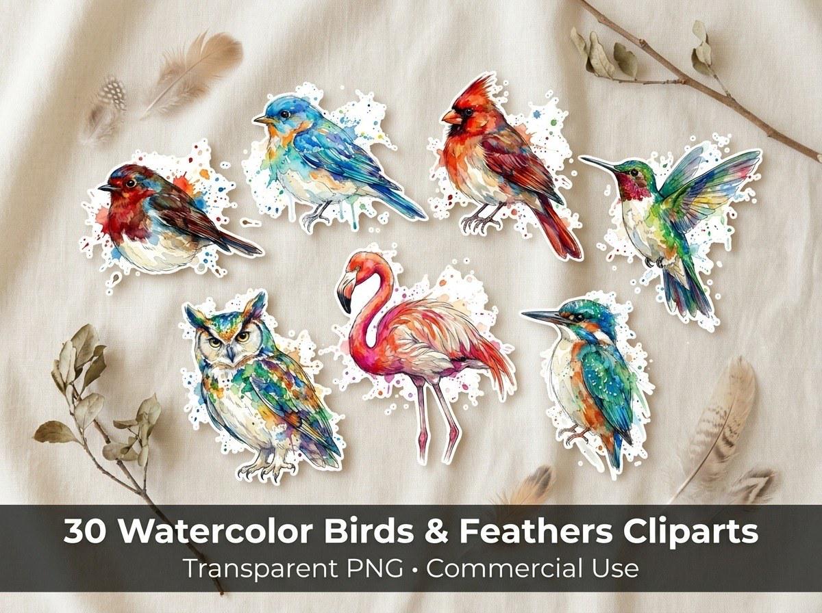 Watercolor Bird & Feather Clipart, 30 Transparent PNG, Commercial Use, Sublimation POD, Digital Download