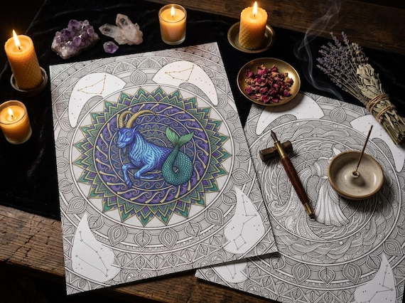 Zodiac Signs Mandala Coloring Book, Printable Astrology Coloring Pages, Complete 12 Sign Set PDF, Premium Digital Download view 3