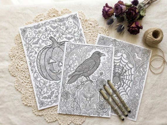 Gothic Halloween Coloring Book, Printable Adult Coloring Pages, Spooky Night Stress Relief PDF, Digital Download · CB-14 view 3