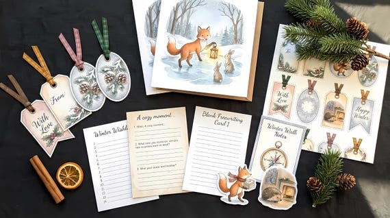 Winter Woodland Junk Journal Kit, Printable Storybook Journal Pages, Cottagecore Ephemera, Gift Tags, Holiday Cards, Fussy Cuts · JK-006 view 3