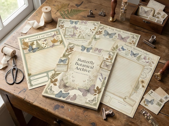 Butterfly Botanical Archive Junk Journal Kit, Printable Cottagecore Journal Pages, Naturalist Ephemera, Butterfly Tags, Fussy Cuts · JK-017 view 3