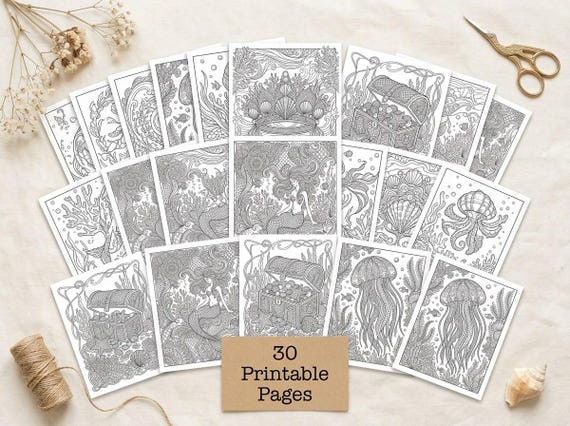 Ocean & Mermaid Coloring Book, Printable Adult Coloring Pages, Under the Sea Stress Relief PDF, Digital Download · CB-11 view 2