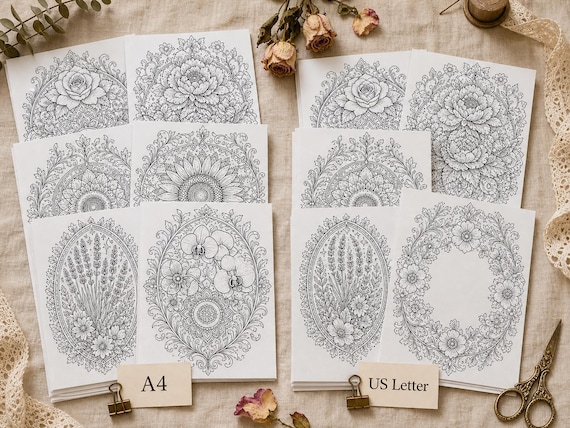 Vintage Floral Mandalas Coloring Book, Printable Adult Coloring Pages, Stress Relief Flower PDF, Digital Download · CB-06 view 5