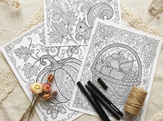 Cozy Autumn Harvest Coloring Book, Printable Adult Coloring Pages, Fall Pumpkin Stress Relief PDF, Digital Download · CB-13 view 3