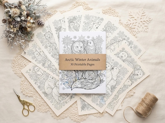 Arctic Winter Animals Coloring Book, Printable Adult Coloring Pages, Frosty Arctic Stress Relief PDF, Digital Download · CB-43