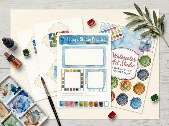 Art Studio Junk Journal Kit, Printable Watercolor Artist Journal Pages, Paint Palette Ephemera, Brush Tags, Digital Download · JK-089 view 2