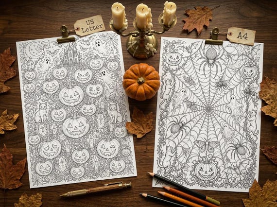 Halloween Adult Coloring Book Vol 1, Spooky Season Printable Coloring Pages, Gothic Fall Stress Relief PDF, Digital Download view 1