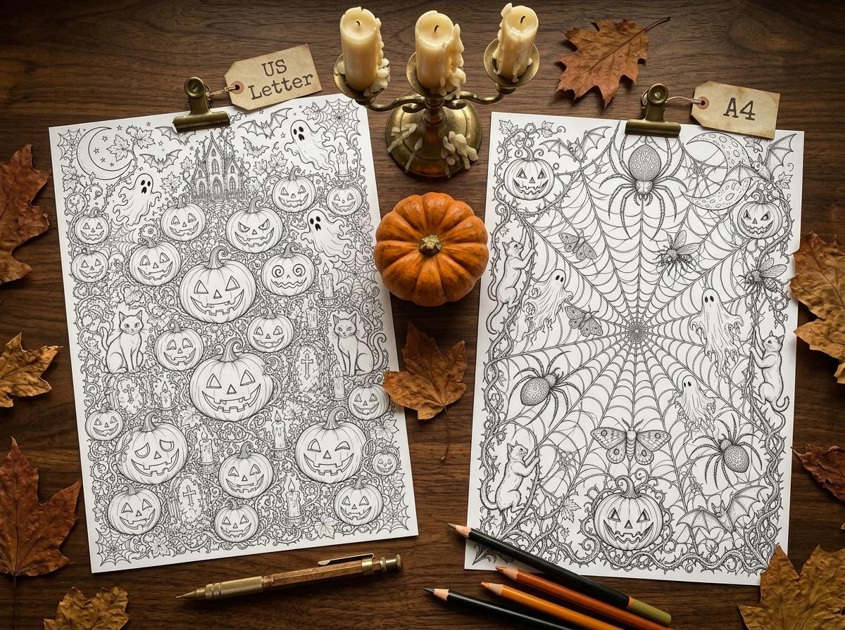 Halloween Adult Coloring Book Vol 1, Spooky Season Printable Coloring Pages, Gothic Fall Stress Relief PDF, Digital Download