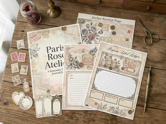Paris Rose Atelier Junk Journal Kit, Printable French Romantic Journal Pages, Perfume Label Ephemera, Rose Tags, Fussy Cuts · JK-020