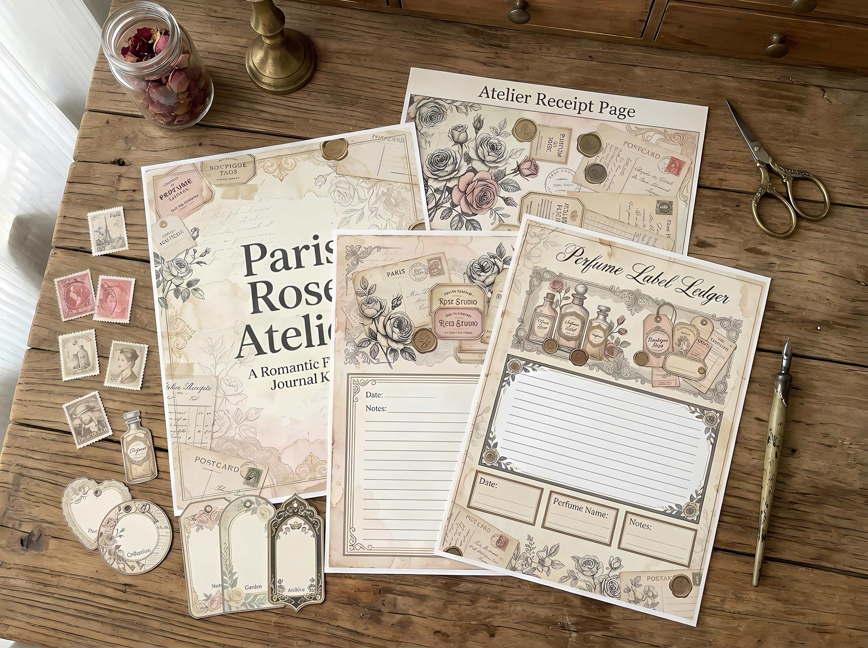 Paris Rose Atelier Junk Journal Kit, Printable French Romantic Journal Pages, Perfume Label Ephemera, Rose Tags, Fussy Cuts · JK-020