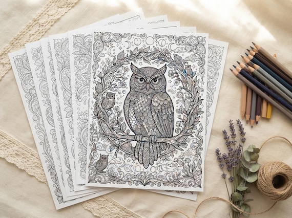 Owls & Moonlight Coloring Book, Printable Adult Coloring Pages, Whimsical Moonlit Owl Stress Relief PDF, Digital Download · CB-33 view 5