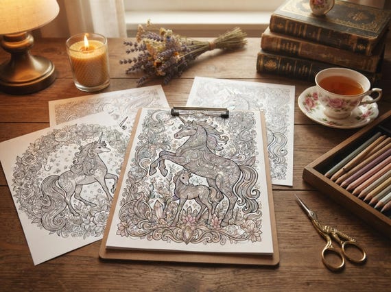 Magical Unicorns Coloring Book, Printable Adult Coloring Pages, Whimsical Magical Unicorn Stress Relief PDF, Digital Download · CB-40 view 6