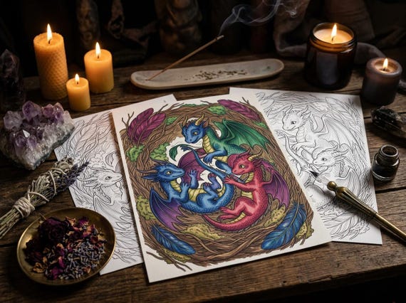 Dragons and Mythical Beasts Coloring Book, Printable Fantasy Creature Coloring Pages, 30 Page PDF, Premium Digital Download view 6