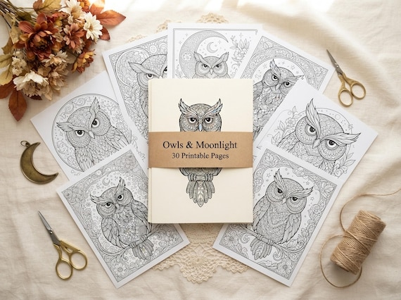 Owls & Moonlight Coloring Book, Printable Adult Coloring Pages, Whimsical Moonlit Owl Stress Relief PDF, Digital Download · CB-33