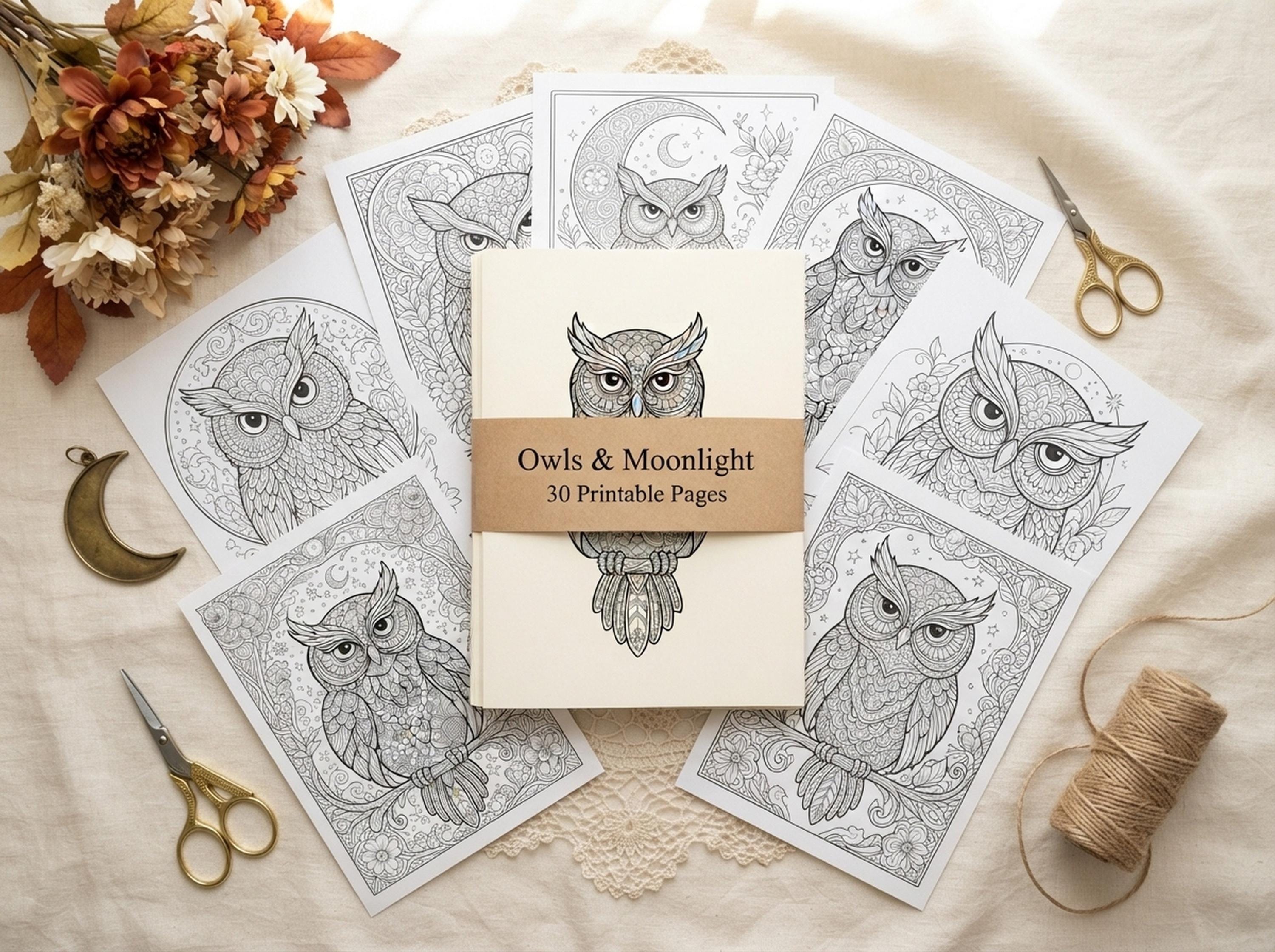 Owls & Moonlight Coloring Book, Printable Adult Coloring Pages, Whimsical Moonlit Owl Stress Relief PDF, Digital Download · CB-33