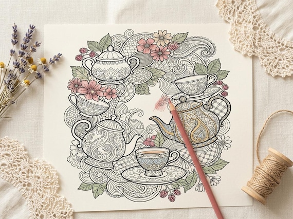 Cottagecore Tea Party Coloring Book, Printable Adult Coloring Pages, Cottagecore Tea Party Stress Relief PDF, Digital Download · CB-25 view 2