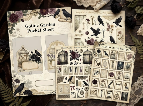 Gothic Rose Conservatory Junk Journal Kit, Printable Dark Romantic Journal Pages, Gothic Botanical Ephemera, Black Rose Tags, Fussy · JK-011