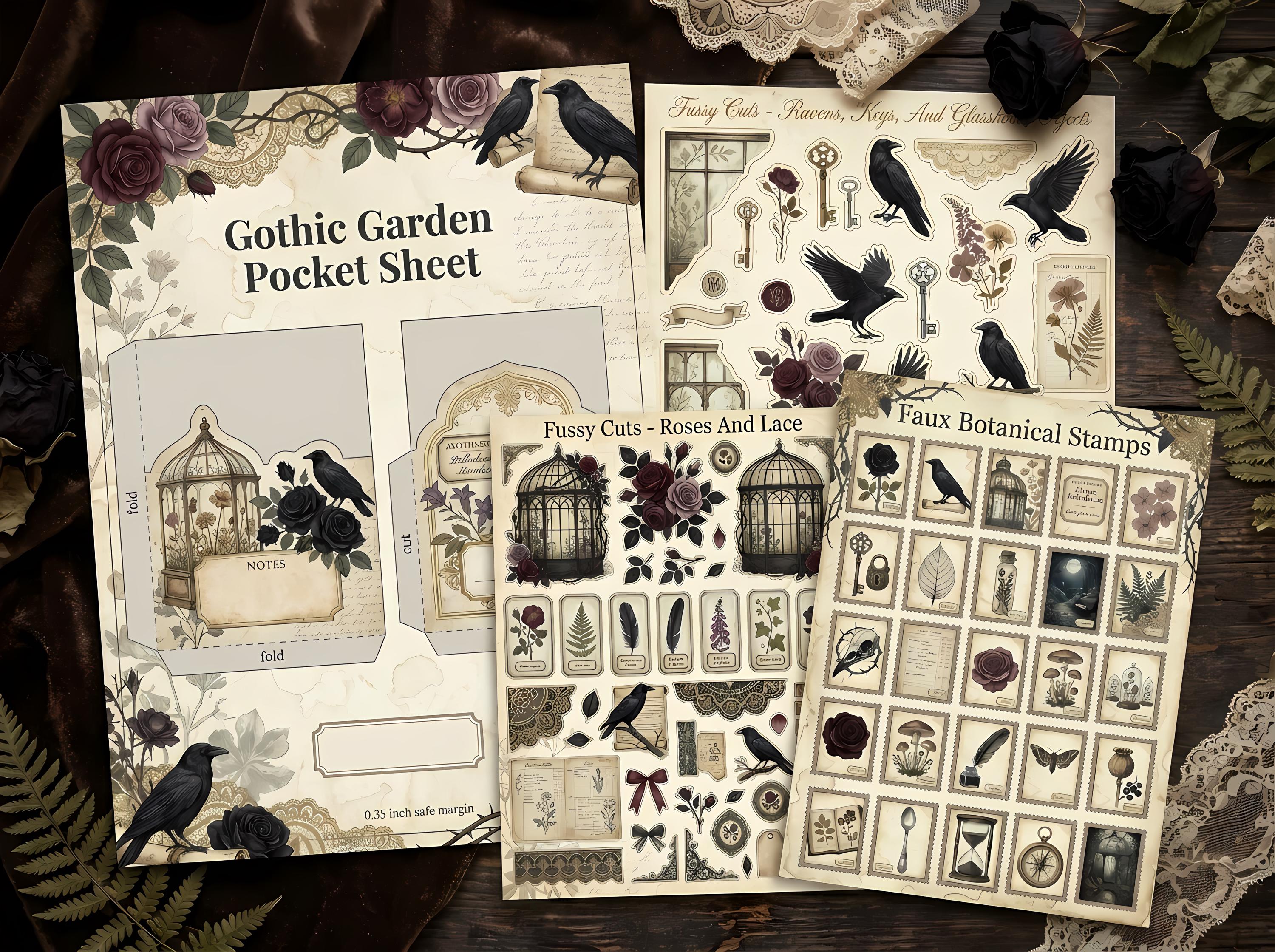 Gothic Rose Conservatory Junk Journal Kit, Printable Dark Romantic Journal Pages, Gothic Botanical Ephemera, Black Rose Tags, Fussy · JK-011