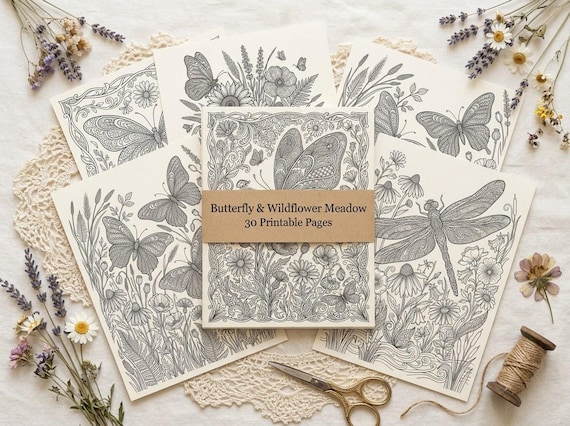 Butterfly & Wildflower Coloring Book, Printable Adult Coloring Pages, Floral Meadow Stress Relief PDF, Digital Download · CB-12