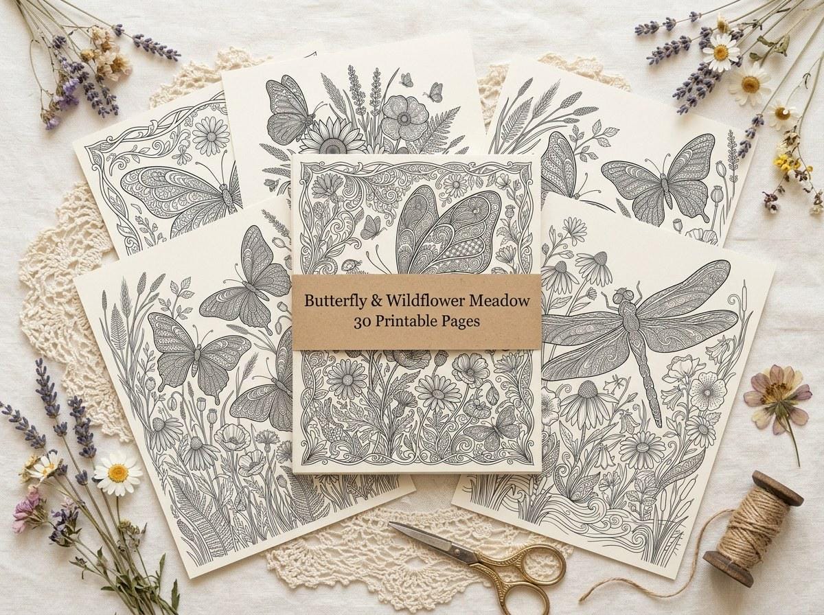 Butterfly & Wildflower Coloring Book, Printable Adult Coloring Pages, Floral Meadow Stress Relief PDF, Digital Download · CB-12
