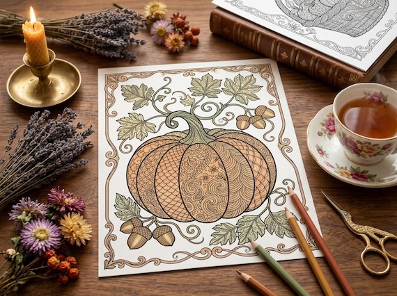 Cozy Autumn Harvest Coloring Book, Printable Adult Coloring Pages, Fall Pumpkin Stress Relief PDF, Digital Download · CB-13 view 6
