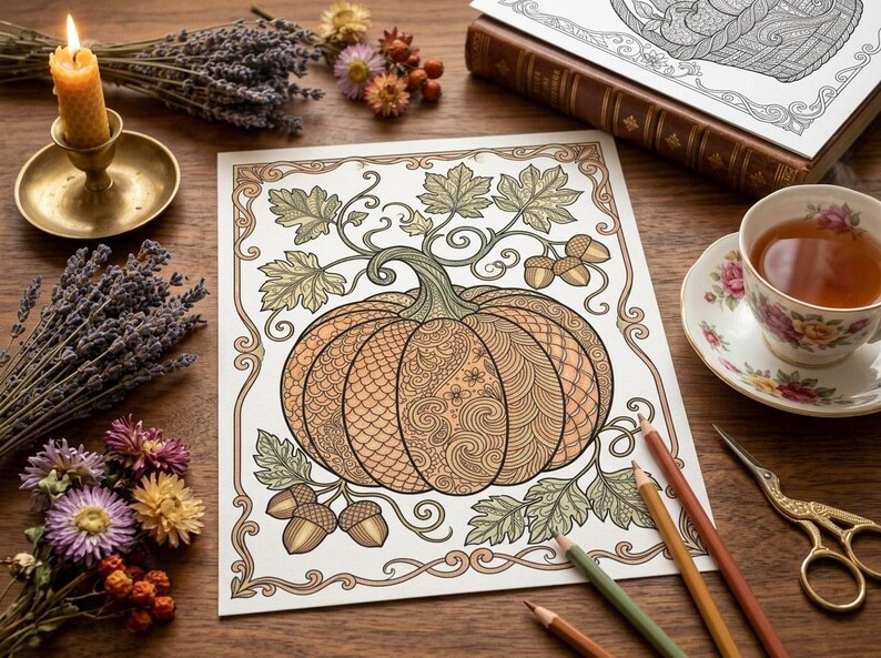 Cozy Autumn Harvest Coloring Book, Printable Adult Coloring Pages, Fall Pumpkin Stress Relief PDF, Digital Download · CB-13 image 6
