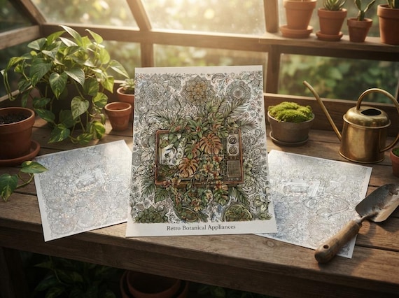 Retro Botanical Appliances Coloring Book, Adult Coloring Pages, Vintage Tech Plant Fusion PDF, Digital Download view 7