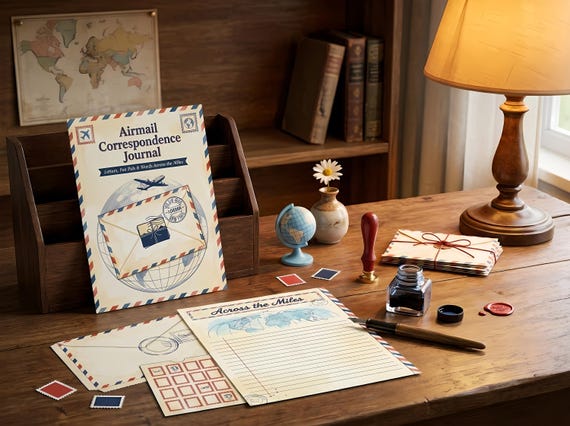 Airmail Junk Journal Kit, Printable Vintage Travel Journal Pages, Pen Pal Letter Ephemera, Postage Stamps, Digital Download · JK-080