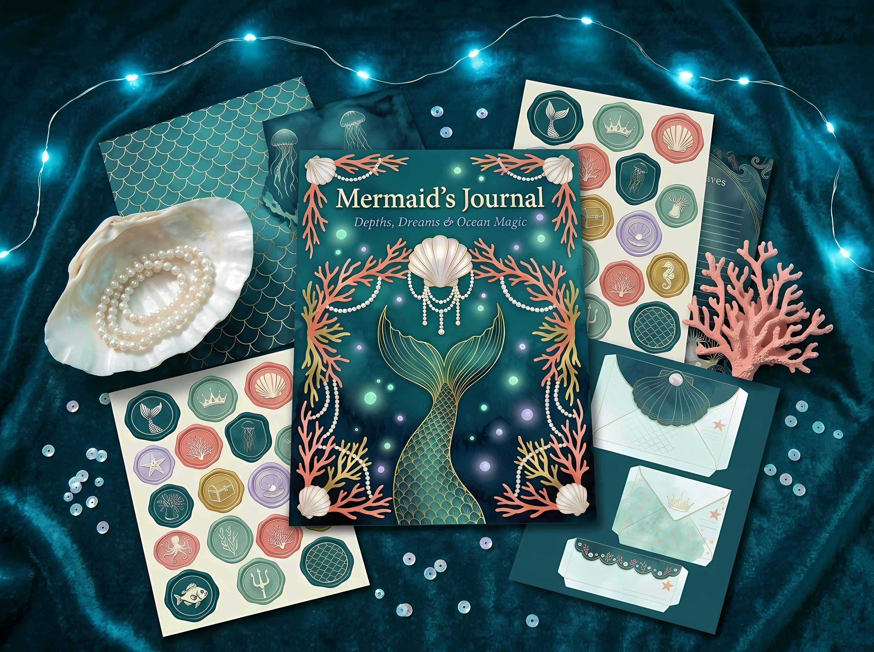 Mermaid Junk Journal Kit, Printable Ocean Fantasy Journal Pages, Under the Sea Ephemera, Pearl Shell Tags, Digital Download · JK-086