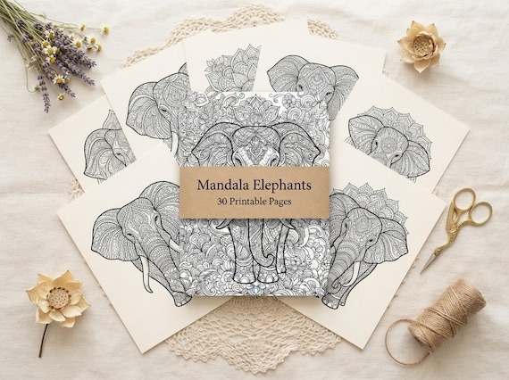Mandala Elephants Coloring Book, Printable Adult Coloring Pages, Ornate Mandala Elephant Stress Relief PDF, Digital Download · CB-30