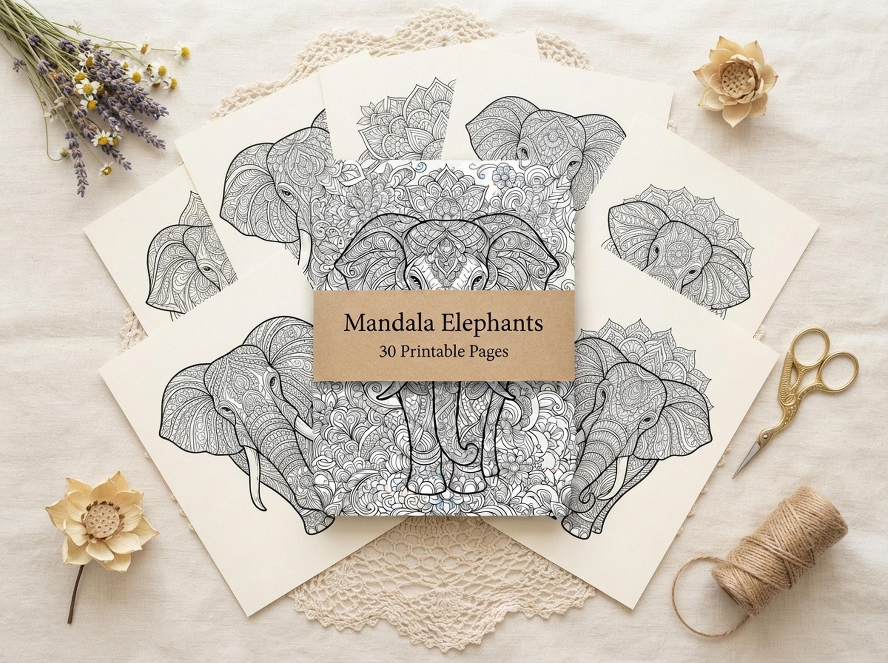 Mandala Elephants Coloring Book, Printable Adult Coloring Pages, Ornate Mandala Elephant Stress Relief PDF, Digital Download · CB-30