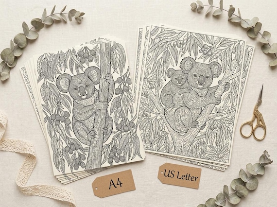 Koalas & Eucalyptus Coloring Book, Printable Adult Coloring Pages, Australian Nature Stress Relief PDF, Digital Download view 5