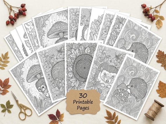 Hedgehogs & Forest Berries Coloring Book, Printable Adult Coloring Pages, Woodland Nature Stress Relief PDF, Digital Download view 6
