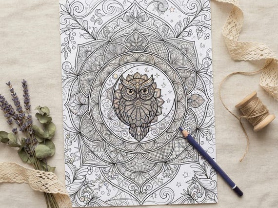 Owls & Moonlight Coloring Book, Printable Adult Coloring Pages, Whimsical Moonlit Owl Stress Relief PDF, Digital Download · CB-33 view 7