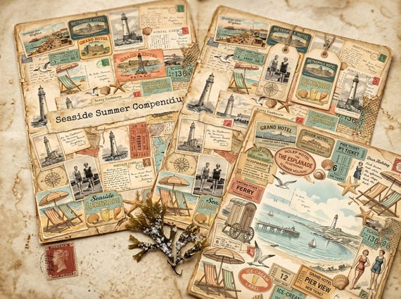 Vintage Seaside Summer Junk Journal Kit, Printable Vintage Ephemera Pages, Coastal Travel Digital Junk Journal, Digital Download · JK-132 view 3