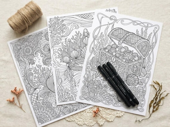 Ocean & Mermaid Coloring Book, Printable Adult Coloring Pages, Under the Sea Stress Relief PDF, Digital Download · CB-11 view 3